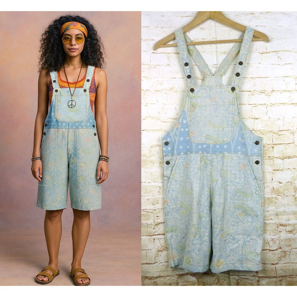 Boho Printed Shortall Women XS Ivory Blue Floral Paisley Bali Batik Home Cottage